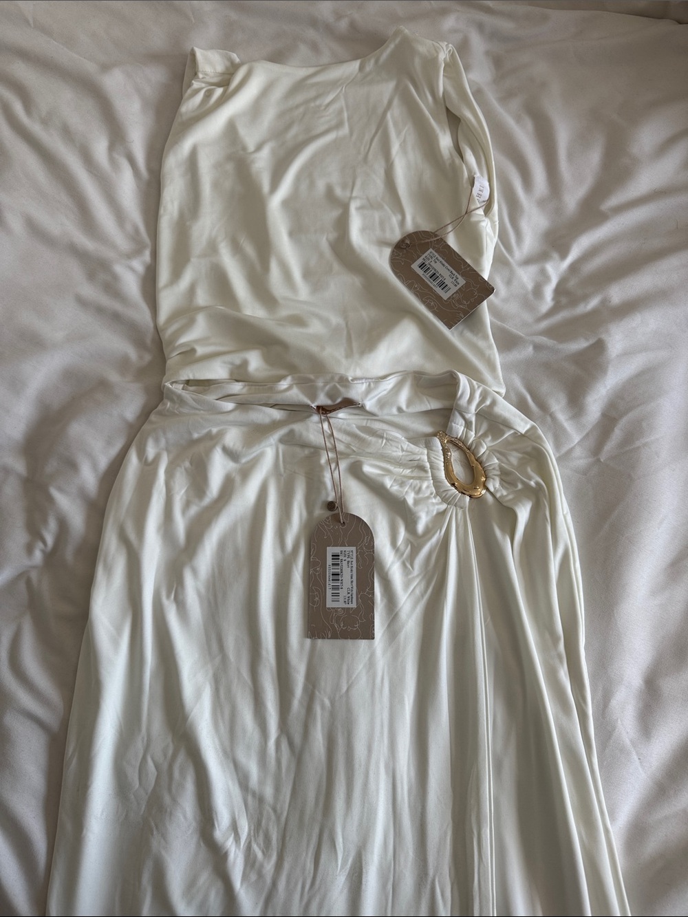 Meshki Cream One-Shoulder Dress with Gold Accent